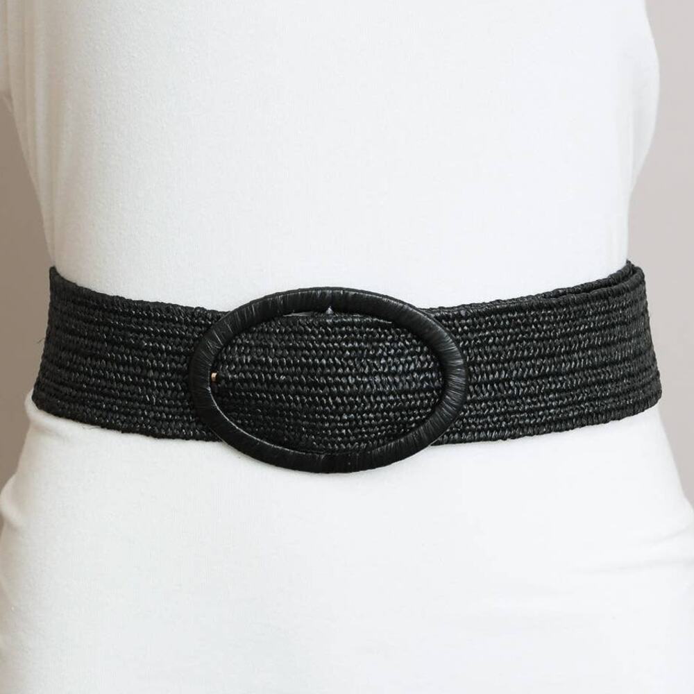 Raffia Oval Buckle Belt – Black